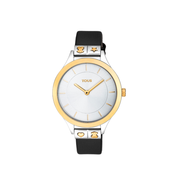 Reloj Lord de acero IP rosado con correa de piel negra