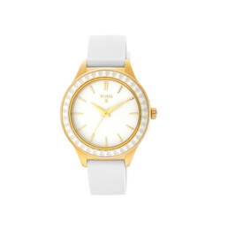 Reloj Straight Ceramic de acero IP dorado y bisel de cerámica con correa de silicona blanca