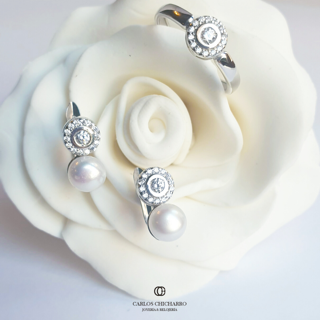 PENDIENTES ORO BLANCO ROSETÓN PERLA