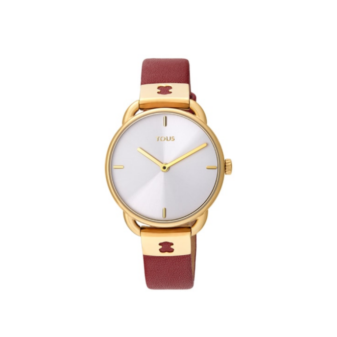 Reloj Let Leather de acero IP dorado con correa de piel roja