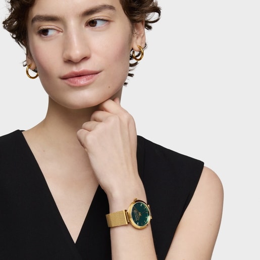 Reloj Analógico Tous con Esfera Verde y Brazalete Dorado S-Mesh Mirror