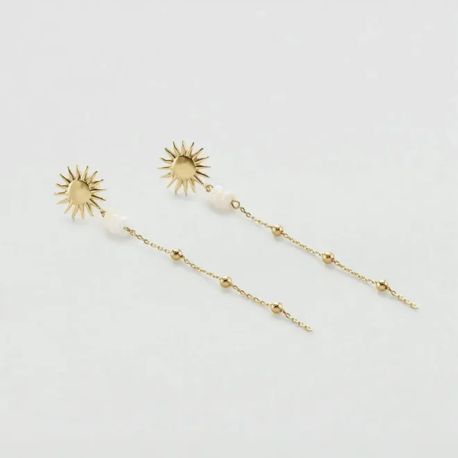 Pendientes largos AGATHA PARIS TIARE dorados con sol, cadena y perlas de nácar 02380736-094-TU