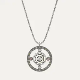 Colgante Sunfield Eiffel Round de plata envejecida con calcedonia, turmalina rosa y circonitas CL064090