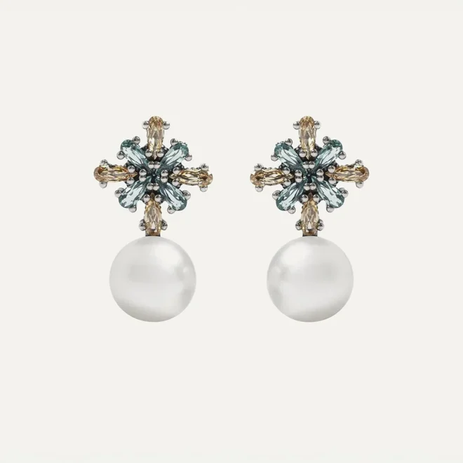 Pendientes Sunfield Estel en plata envejecida con circonitas cava y aguamarina PE065053