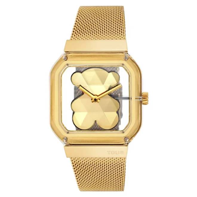 Reloj de mujer TOUS D-Bear Party caja transparente, esfera con oso acrílico y brazalete de acero dorado 3000143400