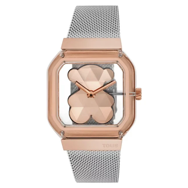 Reloj de mujer TOUS D-Bear Party caja transparente, esfera con oso acrílico y brazalete bicolor en acero y acero rosado 3000143600