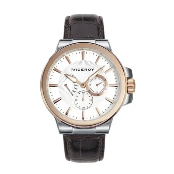 Reloj Viceroy de hombre acero dorado con correa de piel marrón, indicadores múltiples y resistente al agua 100 m 47827-07