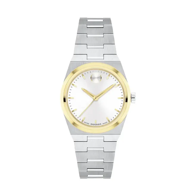 Reloj de mujer Movado BOLD Quest Mini con esfera blanca y detalles en oro amarillo 3601291