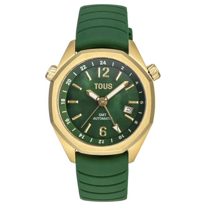 Reloj GMT automático TOUS Now con correa de silicona verde, caja dorada, esfera de nácar y función segunda zona horaria 3000133600