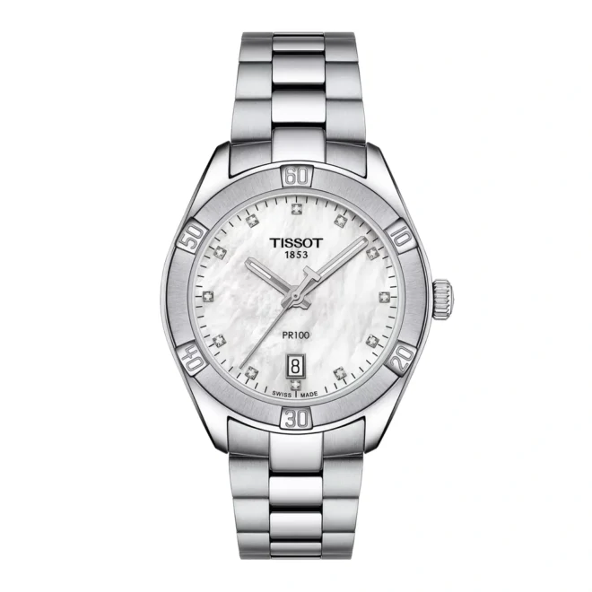 Reloj Tissot PR 100 Sport Chic 36 mm acero, nácar con diamantes, cuarzo y zafiro T1019101111600