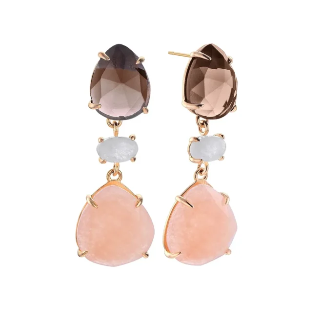 Pendientes de plata dorada Durán Exquse con cuarzo ahumado, piedra luna y calcita – Edición Limitada – 00513571